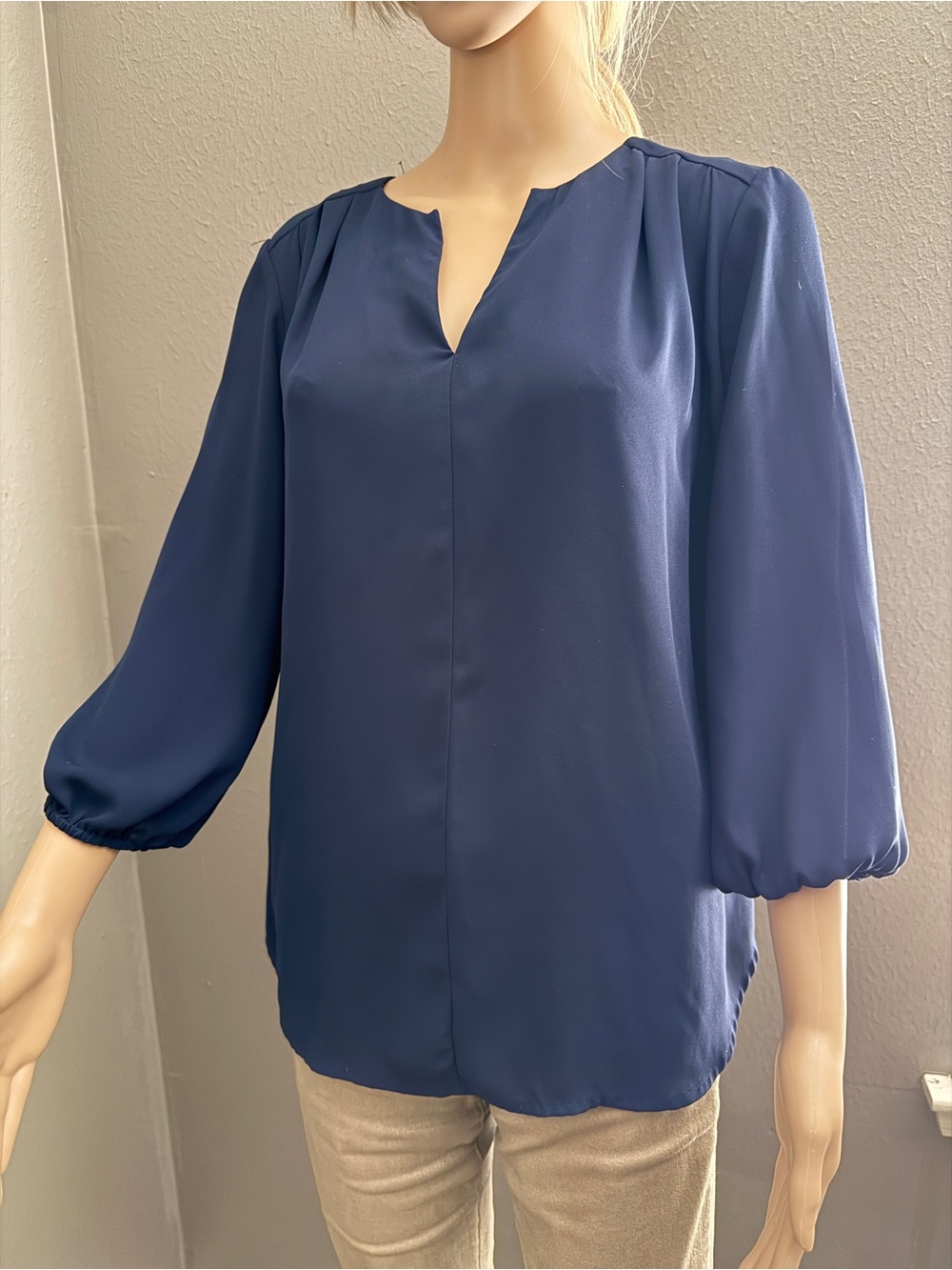 Pleione Navy Split-Neck Blouse with Puff Sleeves